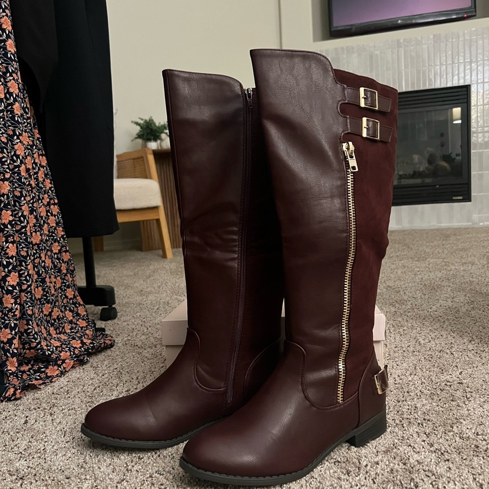 Burgundy Knee-High Boots with Buckles